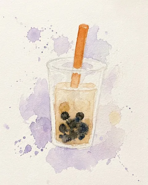 Watercolor painting of a boba milk tea with black pearls and an orange straw